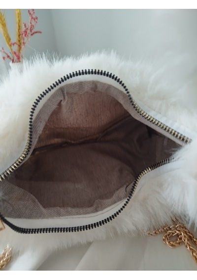 Vivazzaluxe Vintage Peluş Kürk Model Sonbahar, Kış Tote Bag Kadın El, Omuz, Çapraz Çanta Beyaz