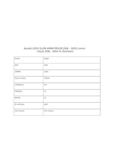 Kendal Kdl642 Ledli Glob Armatürler 20w 1650 Lümen - Beyaz-6500k Beyaz