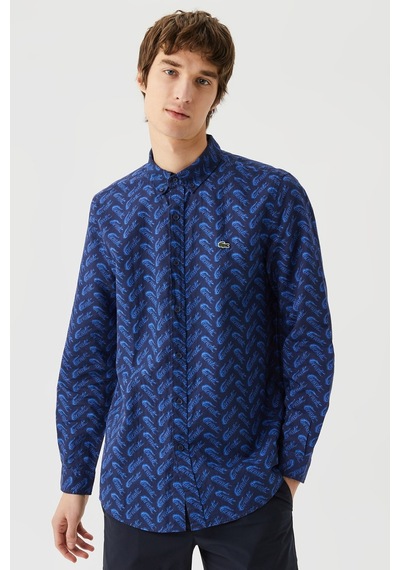 Lacoste Mens Regular Fit Navy Shirt Standart Kesim Düğmeli Erkek Keten Gömlek Lacivert