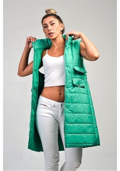 Keyifli Moda Kadın Yeşil Dik Yaka Cep Detaylı Uzun Şişme Yelek