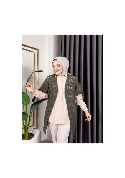 Hira Life Fashion Kadın Mevsimlik Saçaklı Ve Ajurlu Pamuk Triko Hırka Haki Haki