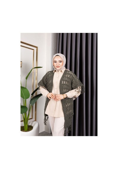 Hira Life Fashion Kadın Mevsimlik Saçaklı Ve Ajurlu Pamuk Triko Hırka Haki Haki