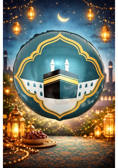 2li Ramazan Folyo Balon Set 45cm Dua Eden Çocuk Ve Kabe Hilal Cami Hoşgeldin Bayramı Temalı Dini Süs Mavi - Yeşil