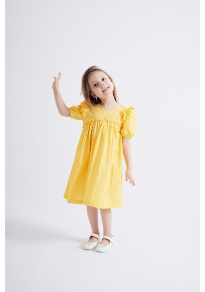 Oliventhekid Sarı Robadan Fırfır Büzgülü Kolları Lastikli Poplin Kız Çocuk Elbise Sarı Sarı
