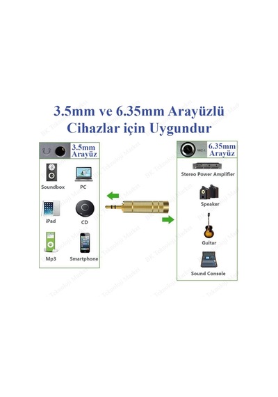 Gold Plated 3.5 Mm Erkek - 6.35 Mm Dişi Dönüştürücü Jack Adaptör