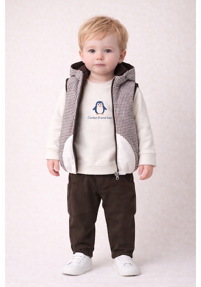 Harika Kids Erkek Bebek 3 Lü Takım 9-24 Ay Şişme Yelek %100 Pamuk Sweatshirt Kadife Pantolon Kahverengi