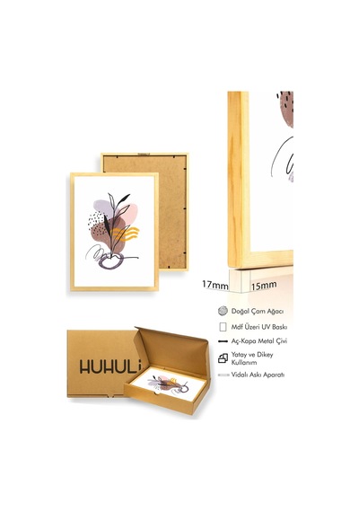 Doğal Ahşap Çerçeveli Soyut Bitki Desenli Tablo - Pastel Tonlar Huhu1057