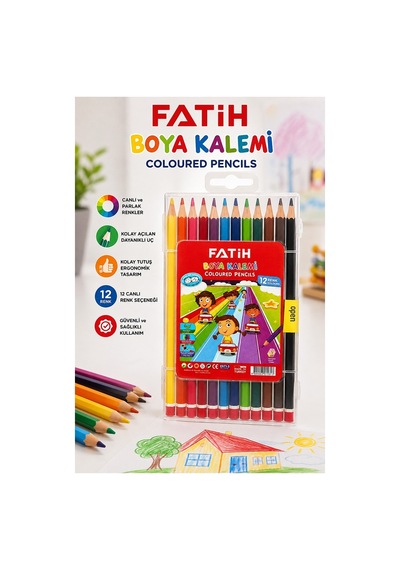 12 Li Kuru Boya Kalemi Plastik Kutu 1 Paket Fatih 12 Renk Kuruboya Tam Boy Renkli Kalem Kolay Açılabilir Canlı Renk Çok Renkli