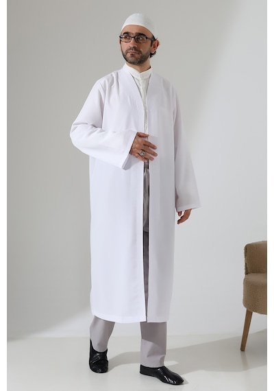 Erkek Namaz Elbisesi Buhara Yaka Cepli Namaz Cübbesi Beyaz - Sfa Beyaz