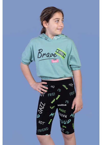 Toontoy Kids Toontoy Kız Çocuk 2'li Takım Baskılı Kapüşonlu Kısa Kollu Crop Sweatshirt & Basic Düz Crop Tayt Yeşil