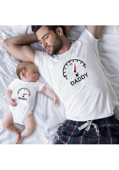 Daddy Baby Benzin Beyaz Baba Oğul Kız Tişört Zıbın Kombini (544658032)