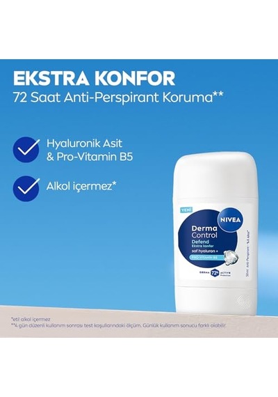 Nıvea Kadın Stick Deodorant Derma Control Defend 50 Ml, Tahrişe Karşı Koruma, Alkolsüz, 72 Saat Anti-perspirant Koruma,çiçeksi Koku,hyaluronik Asit, Pro Vitamin B5
