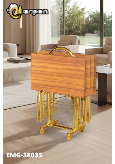 Eranş Serisi 4'lü Katlanır Mdf Mebran Ahşap Çanta Zigon Sehpa Gold Ayak Atlantik Çam Desen Gold Ayak