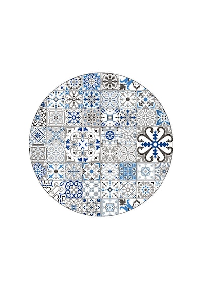 Frenda Home Çini Desenli Pamuk Taban Yıkanabilir Baskılı Yuvarlak Halı Mavi