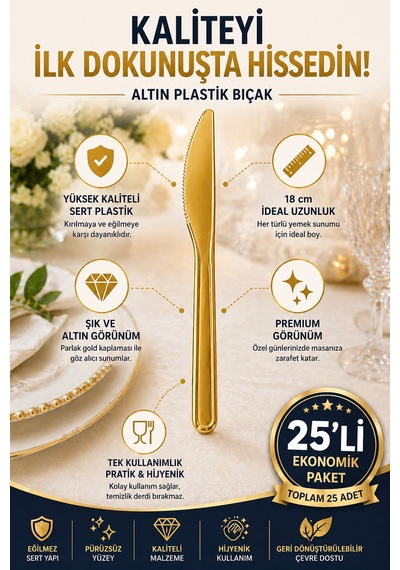 25 Li Altın Plastik Bıçak 18 Cm Sert Tek Kullanımlık