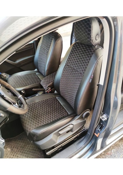 Volkswogen Caddy 2015 2020 Arası Uyumlu Siyah Zemin Beyaz Nakışlı Taytüyü Siyah Deri Karışımı