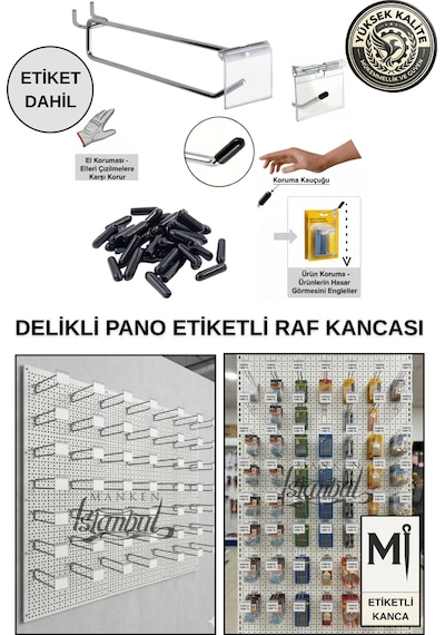 20 Adet 15 Cm Etiketli Delikli Pano Kancası Koruma Kauçuklu Ekstra Güçlü Raf Askısı Raf Kancası Krom