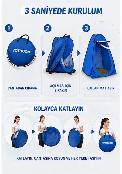 Otomatik Kabin Giyinme Çadırı 120x120x190 Cm Üst Havalandırma Yan Pencereli Duş & Wc Çadırı Mavi Çok Renkli