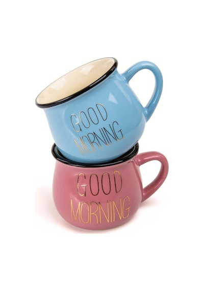 Mukko Home 2'li Emaye Görünümlü Porselen Kupa Seti Good Morning Gold Yazılı 150 Ml,pembe & Mavi Beyaz - Çok Renkli Mukko Home 2'li Emaye Görünümlü Porselen Kupa Seti Good Morning Gold Yazılı 150 Ml,pembe & Mavi Beyaz - Çok Renkli