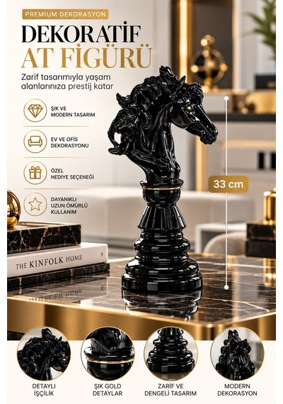 Siyah At Figürü Dekoratif Biblo 33 Cm Gold Detaylı Lüks Tasarım