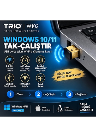 Trıo W102 300 Mbps Usb Wifi Adaptör, Realtek Rtl8188ftv 2.4 Ghz Kablosuz Ağ Adaptörü, 802.11 B/g/n Wifi Dongle, Windows 10/11 Tak Çalıştır
