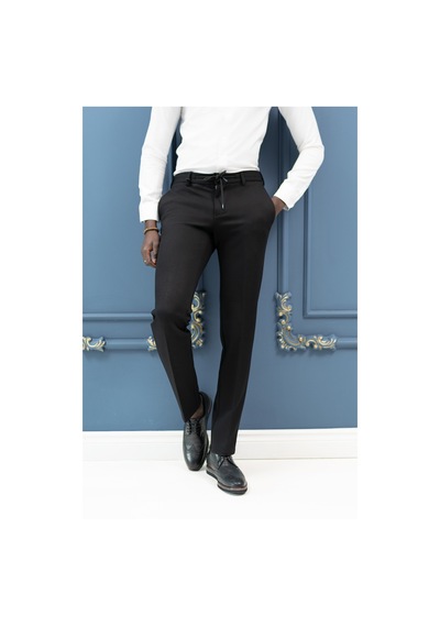Ecer Regular Fit Armürlü Beli İplikli Astarsız Rayon Kışlık Kumaş Pantolon Siyah