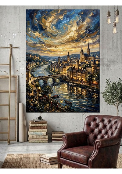 Van Gogh Tarzı Nehir Ve Şehir Ve Yıldızlı Gece Dekoratif Kanvas - Mdf Ahşap Tablo Çok Renkli