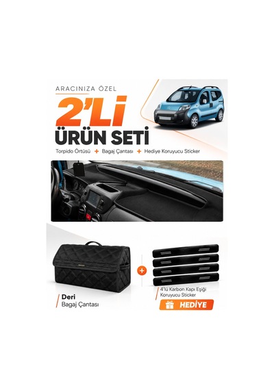 Cıtroen Nemo 2007-2020 Uyumlu Torpido Örtüsü + Deri Bagaj Çantası + Sticker Seti - Siyah