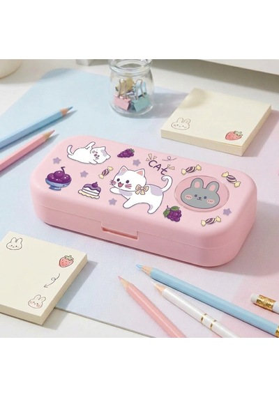 Sevimli Kawaii Figürlü Kalem Kutusu Çok Bölmeli Çift Katlı Büyük Kapasiteli Kalem Kutusu Sticker'lı Kalem Kutusu Sticker Yapıştırılabilir Kalemlik Sticker Kalemlik Pembe