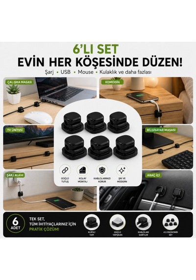 Polham 6 Lı Set Klipsli Kablo Tutucu Yapışkanlı Masaüstü Kablo Düzenleyici, Şarj Usb Mouse Kulaklık Kablo Sabitleyici