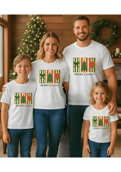Aselinda Christmas Merry Bright Baskılı Aile Kombin Tişört Kombin Yapmak İçin Ürün Ekleyiniz Beyaz