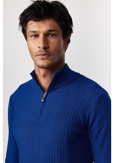 Tudors Slim Fit Dar Kesim Dik Yaka Fermuarlı Desenli Saks Mavi Erkek Triko Kazak-28922 Saks Tudors Slim Fit Dar Kesim Dik Yaka Fermuarlı Desenli Saks Mavi Erkek Triko Kazak-28922 Saks