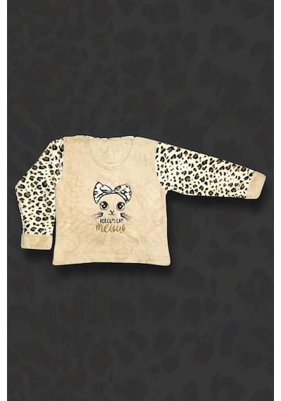 Kız Çocuk Leopar Desenli Göz Bantlı Peluş Polar Pijama Takımı Ekru