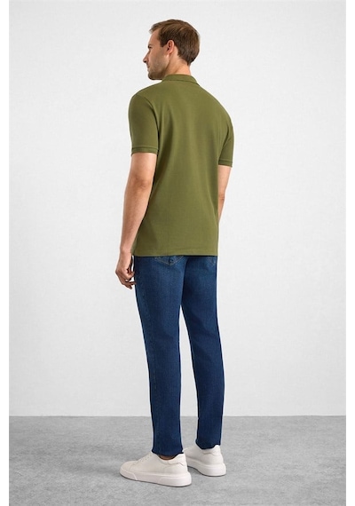 Süvari Haki Slim Düz Nakışlı Pike Düğmeli Polo Yaka Tişört Ts1014000474-yh1