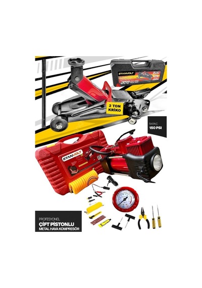 2 Ton Kriko Tamir Setli Çift Piston Metal Lastik Şişirici