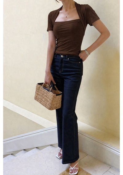 Kadın Haki Kuğu Yaka Slim Kısa Kollu Fit Crop Bluz Kahverengi
