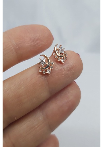 925 Ayar Rose Renk Yıldızlı Hilal Gümüş Küpe