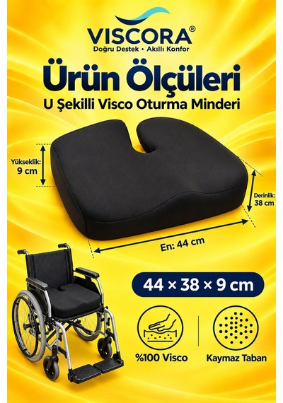 Tekerlekli Sandalye Minderi Visco U Şekilli Kuyruk Sokumu Destekli Kaymaz Oturma Minderi Siyah
