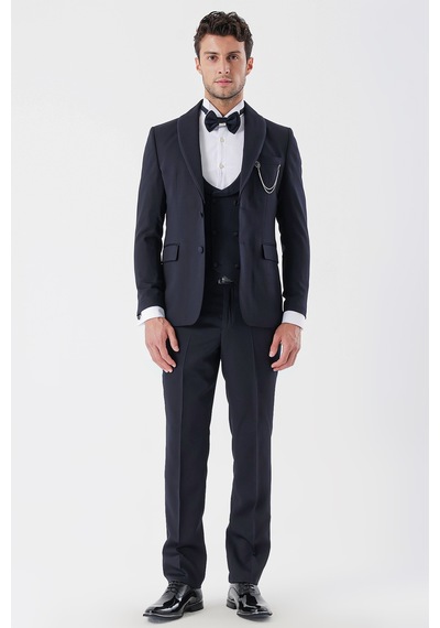 İmza Koyu Lacivert Desenli Armürlü Çıkarılabilir Şal Yaka Kruvaze 6 Drop Slim Fit Smokin Damatlık Takım 1001230214-Koyu Lacivert