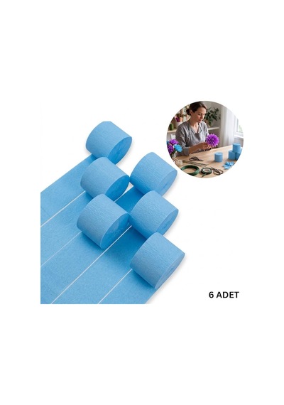 Gök Mavi Şerit Krapon Kağıdı Rulosu, Çiçek Yapım, El İşi Süsleme Kağıdı, 6 Adet, 4.5 Cm X 22 Metre