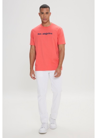 AC&Co / Altınyıldız Classics Erkek Mercan Comfort Fit Rahat Kesim Baskılı Bisiklet Yaka Tişört Mercan
