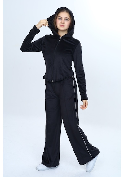Toontoy Kids Toontoy Kız Çocuk 2'li Takım Fermuarlı Kapüşonlu Cepli Sweatshirt & Beli Lastikli Bol Paça Cepli Eşofman Altı - Şerit Detaylı & Kadife Siyah Toontoy Kids Toontoy Kız Çocuk 2'li Takım Fermuarlı Kapüşonlu Cepli Sweatshirt & Beli Lastikli Bol Paça Cepli Eşofman Altı - Şerit Detaylı & Kadife Siyah