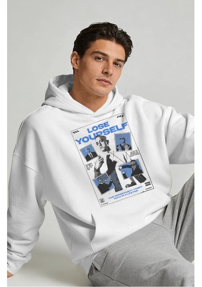 Sevbano Eminem Lose Yourself Rapper Şarkıcı Sırt Baskılı Unisex Oversize beyaz