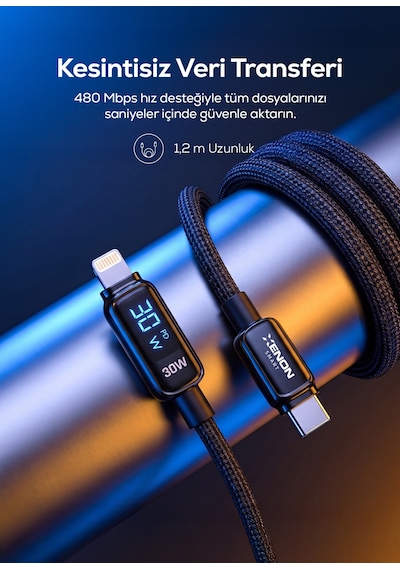 Type-c To Lightning Apple Uyumlu iPhone Şarj Kablosu 30w Pd Hızlı Şarj, 1.2m, Led, Örgü, 480mbps X6426