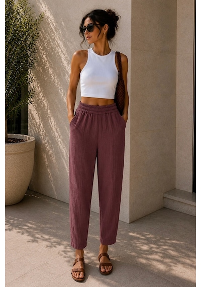 Bbbutikbasic Kadın Müslin Havuç Kesim Rahat Pantolon My3535 Mürdüm