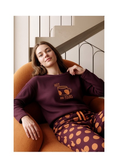 Nisanca Premium Soft Waffle Kadın Pijama Takımı Yumuşak Dokulu Sıcak Tutan Kışlık Uzun Kollu Pijama Bordo
