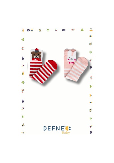 Defne Baby 2 Çift Sevimli Hayvan Figürlü Pamuklu Dizaltı Çocuk Ve Bebek Çorabı Pembe-beyaz