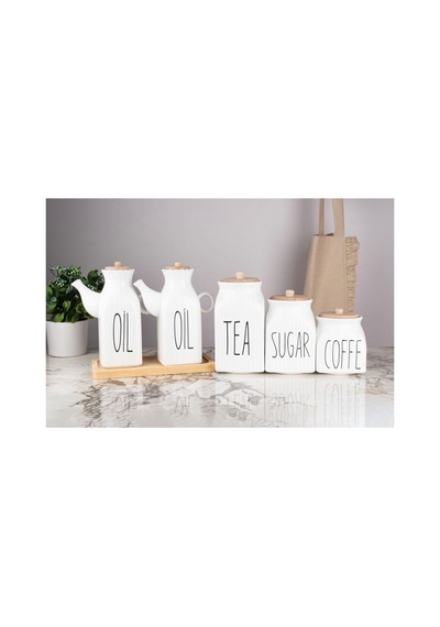 6 Parça Bambu Standlı Kare Porselen 1000ml Yağdanlık Ve 3 Lü Tea Sugar Coffe Kavanoz Seti Beyaz Beyaz