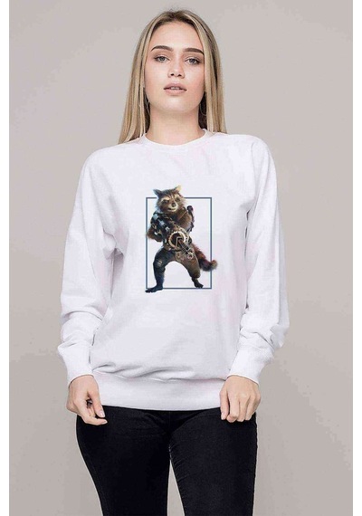 Rakun Rocket Baskılı Beyaz Kadın Sweatshirt (528297127)