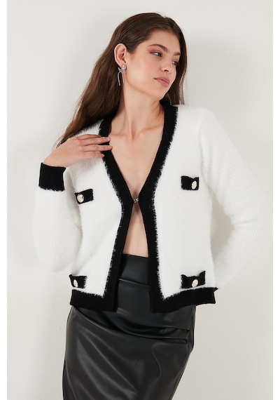 Lela Premium Regular Fit V Yaka Cep Detaylı Yumuşak Dokulu Bayan Hırka 680Hi0048 Ekru-Siyah